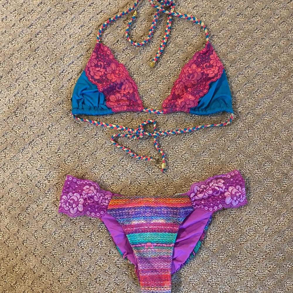 Beach Bunny Bikini Teal Pink Lace Sexy